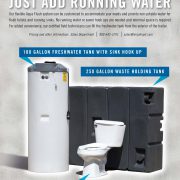 Informational poster about the Mr. John Aqua Flush System - Aqua Flush - single-page brochure - portable flushing toilet and sink system from Mr. John Portable Toilet Rental