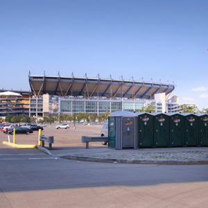 Photo of Mr. John toilets lined up at Pittsburgh's Heinz Field