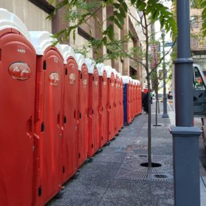 row of porta potties in downtown Pittsburgh