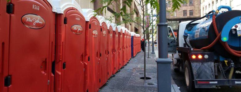 row of porta potties in downtown Pittsburgh